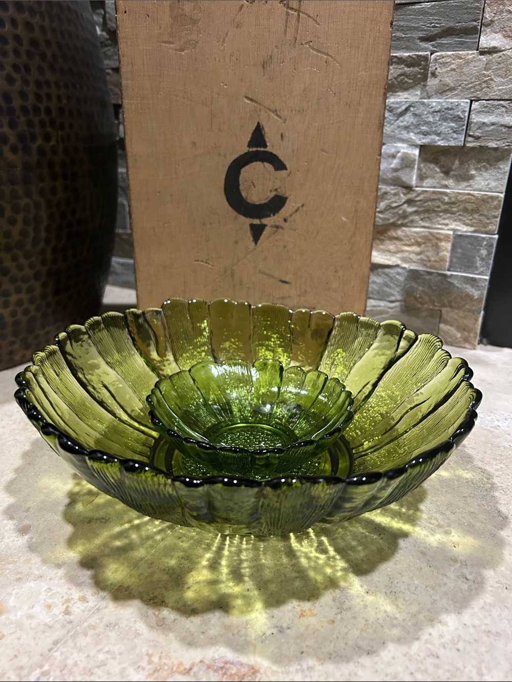 Vintage INDIANA GLASS avocado green sunflower Lg Serving Bowl & Small Dip Bowl